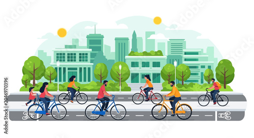 People enjoying a healthy lifestyle riding bicycles on a street with cityscape background