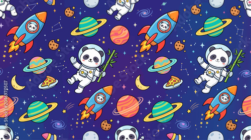 Seamless Pattern of Cute Panda Astronauts in Space with Rockets, Colorful Planets, Stars, Pizza, and Cookies; Kawaii Cartoon Illustration for Kids Wallpaper and Fabric Design, AI Generated