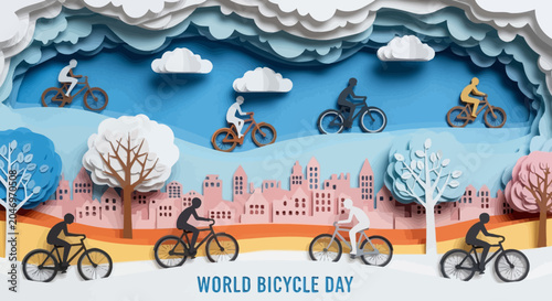 Celebration of World Bicycle Day with people cycling through a paper-cut cityscape