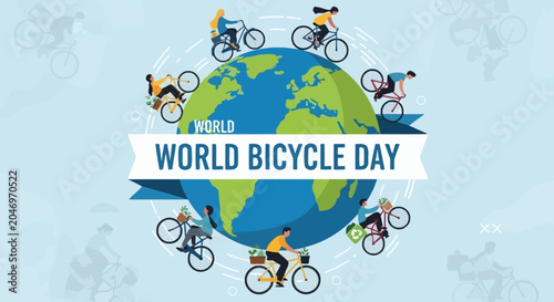 Vibrant global illustration depicting diverse people cycling around the Earth, symbolizing World Bicycle Day and promoting sustainable living, health, and community connection across continents