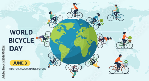 People cycling around a vibrant Earth, promoting sustainable transportation and healthy lifestyles globally. This illustration emphasizes environmental consciousness and a healthier future