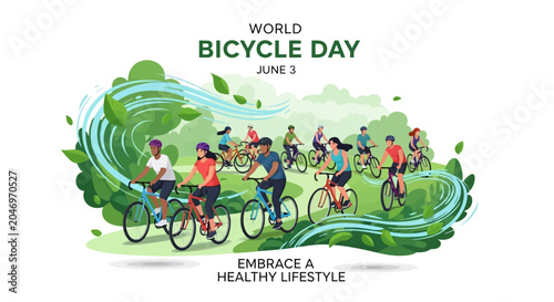 Engaging vector artwork showcasing a cheerful group of individuals cycling in harmony through a vibrant green park, celebrating outdoor activity and a healthy lifestyle