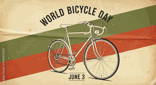 Retro graphic featuring a classic bicycle against a striped backdrop, celebrating the timeless appeal of cycling for health, sustainability, and joyful journeys