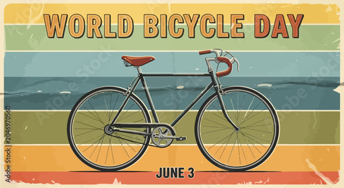 World Bicycle Day retro illustration on June 3rd. Classic road bike in vintage style against striped background, celebrating cycling and sustainable lifestyle