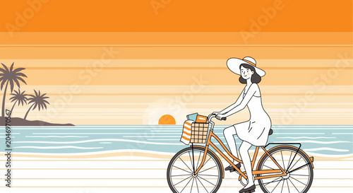 Sunset Beach Cycle A woman enjoys a peaceful and leisurely ride along the tranquil ocean coast, with the golden sun setting, creating an idyllic scene