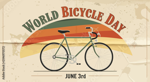 Retro illustration marking World Bicycle Day on June 3rd. A classic bike against a sunburst promotes sustainable transport and healthy outdoor activity