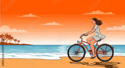Woman riding a bicycle on a sandy beach during a beautiful sunset with palm trees in the distance