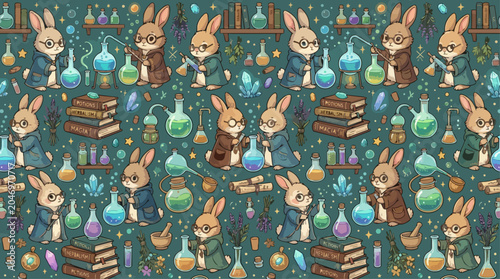 Seamless pattern of whimsical rabbit alchemists in wizard robes and glasses, brewing glowing potions with magic books and crystals in a dark teal laboratory setting, AI Generated