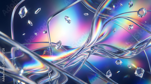 Prism Light Liquid Glass Background with Rainbow Refraction and Transparent Crystal Shapes