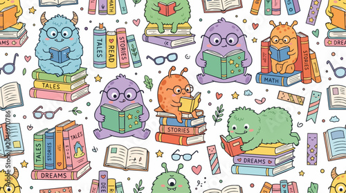 Seamless Pattern of Cute Cartoon Monsters Reading Books, Whimsical Hand-Drawn Doodle Illustration for Kids Education and Literacy, Colorful Characters with Glasses on White Background