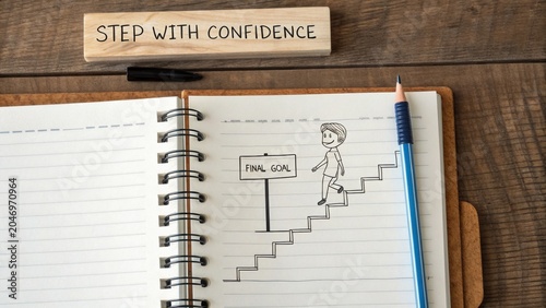 Person drawing reaching final goal by stepping up stairs