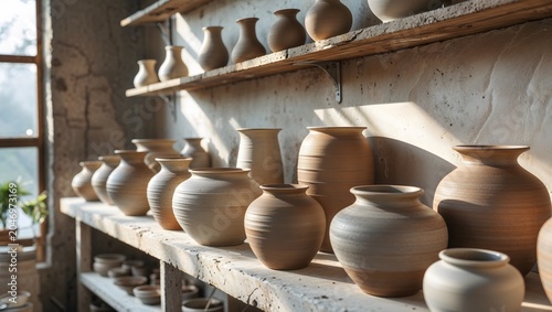 Handmade ceramic vases and pots displayed on wooden shelves