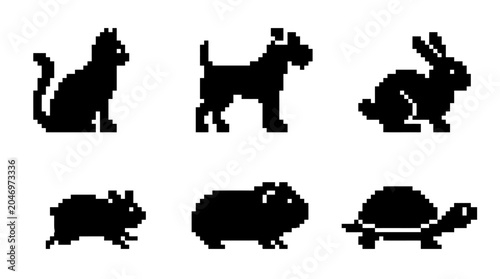Tableau sur toile Black silhouettes of various cute animals.pixel art