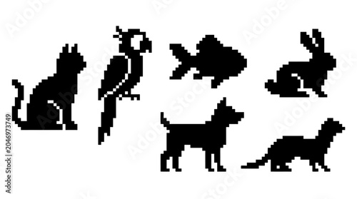 Tableau sur toile Silhouettes of various cute animals together.pixel art