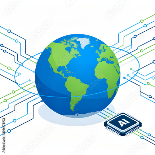 Global artificial intelligence network connecting the world with digital circuits and a prominent AI chip.
