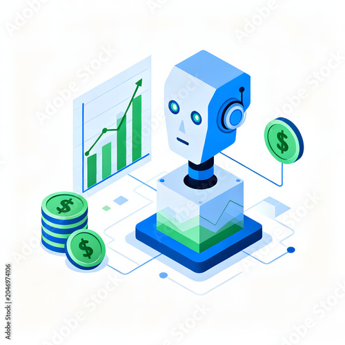 Isometric illustration of an AI robot head with financial charts and dollar coins, representing technological growth and investment.
