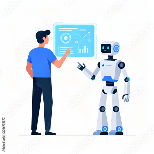 Man and robot interacting with a holographic data display, illustrating artificial intelligence and human-computer collaboration.