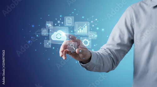 Businessman interacting with digital cloud computing and data analytics icons on a blue background