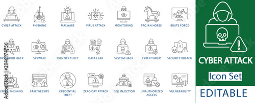 Schilderij op canvas cyber attack icon set: professional phishing and malware, hacker data leak and s
