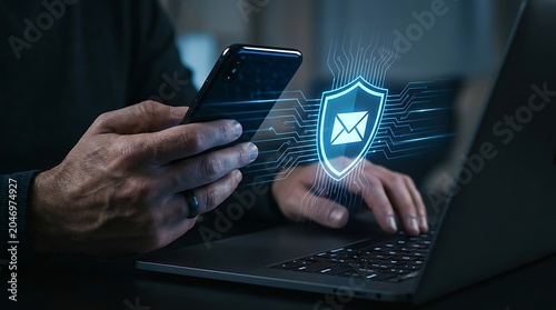 Cybersecurity concept with a person using a smartphone and laptop with a digital shield and email icon overlay