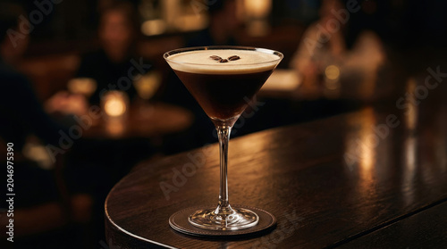 Dark martini glass with chocolate foam on wooden bar counter liquid