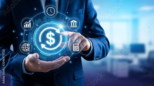 Businessman interacting with a digital interface featuring a dollar sign and financial icons