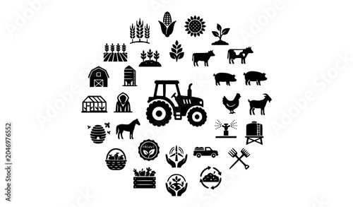 Agricultural Farm Glyph Pictograms Collection with Livestock Crops and Sustainable Farming Icons