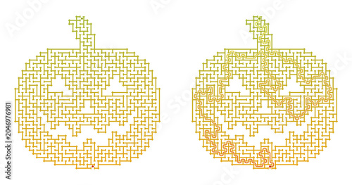 Jack-o-lantern maze with solution in orange and yellow design  