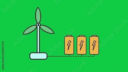 Flat animation of a wind turbine generating renewable energy and charging batteries, with white and green background