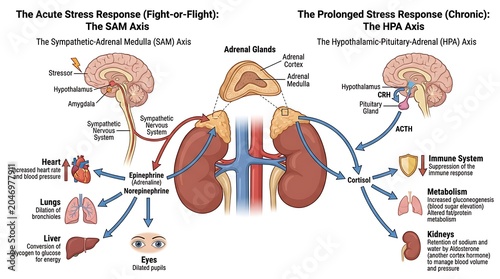 Acute fight or flight and prolonged chronic stress response diagram