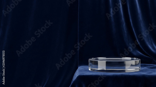 Luxury glass podium on navy blue velvet background, elegant crystal stage for product presentation, premium velvet fabric texture with empty glass pedestal