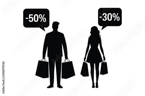 Black silhouettes of man and woman with shopping bags and discount speech bubbles