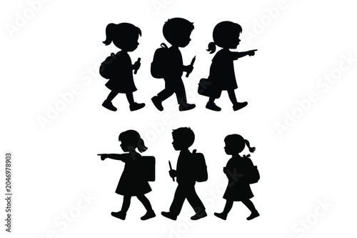 Black silhouettes of school children walking