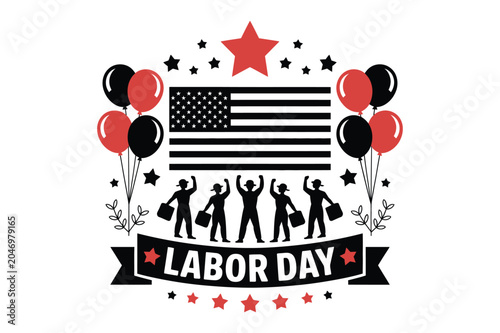 Labor day celebration with american flag and workers