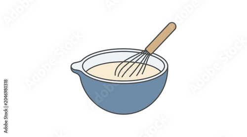 Bowl with whisk and creamy liquid.