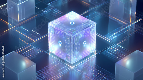 Futuristic Digital Cube Floating in Data Center with Neon Light Technology Concept