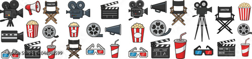 A collection of movie and film production elements including camera megaphone director chair popcorn film reel 3d glasses clapperboard and soda, vector set isolated on white


