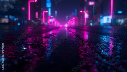 Cyberpunk Neon City Street with Wet Asphalt and Glowing Pink Blue Lights