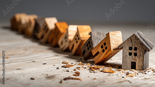 Miniature Houses Collapsing in Sequence Risk and Crisis Concept