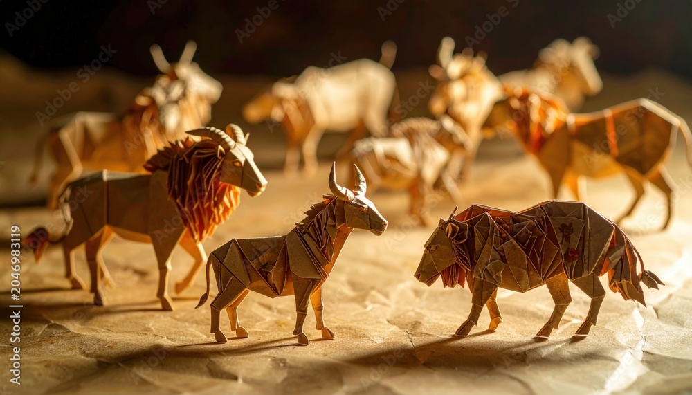 Obraz premium Intricate Origami Animal Sculptures in a Safari Setting