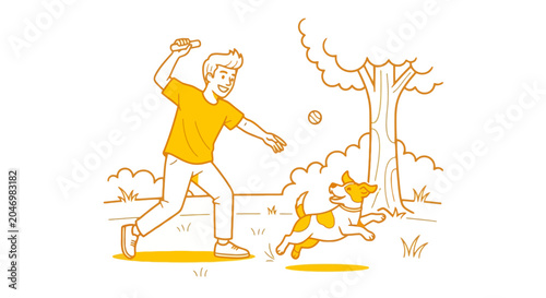 Bilde på lerret Man playing fetch with dog in park outdoor illustration