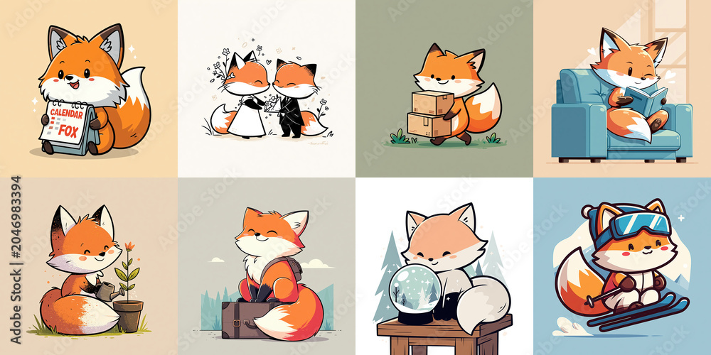 Fototapeta premium Cute fox cartoon character mascot reading book on sofa, playful fox with box, gardening fox, winter fox with ski goggles joyful mood