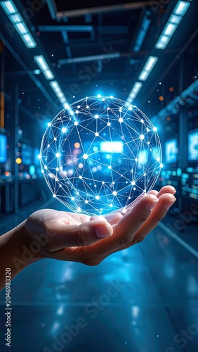 A hand holds a glowing blue orb in a futuristic warehouse