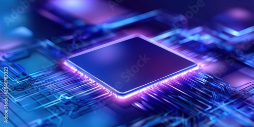 Close-up of a glowing semiconductor chip with intricate circuitry and neon lights