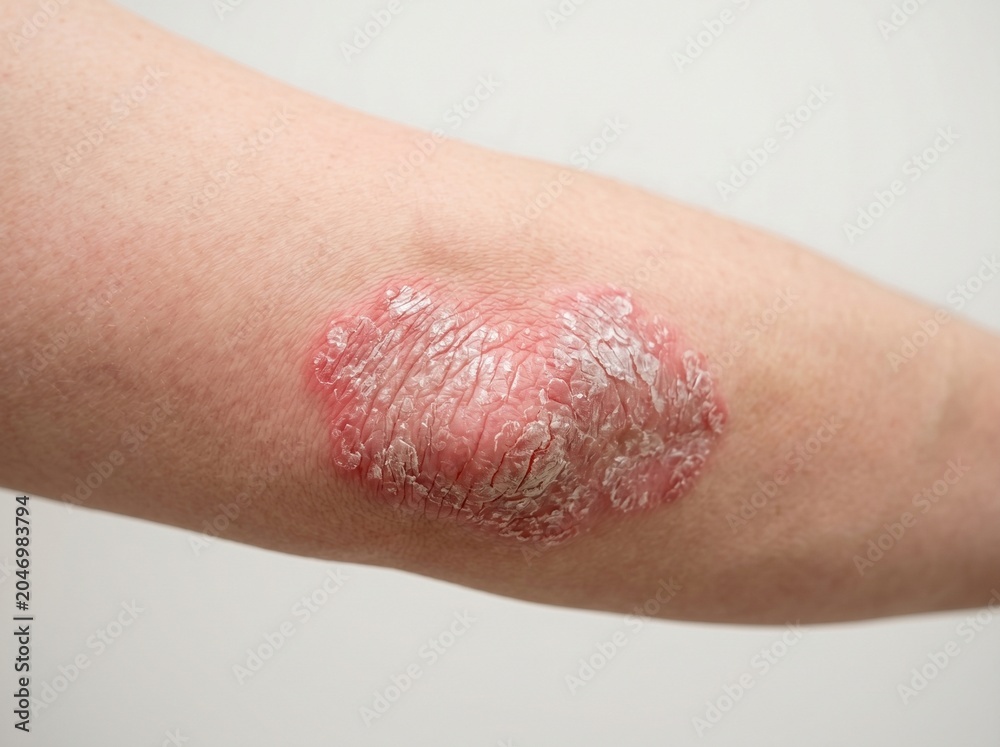 Fototapeta premium Clinical Dermatology Close-up – Psoriasis Plaque on Elbow