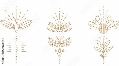 Six golden mystical designs featuring stylized insects, flowers, and celestial motifs