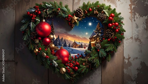 A heart-shaped Christmas wreath on a wooden wall