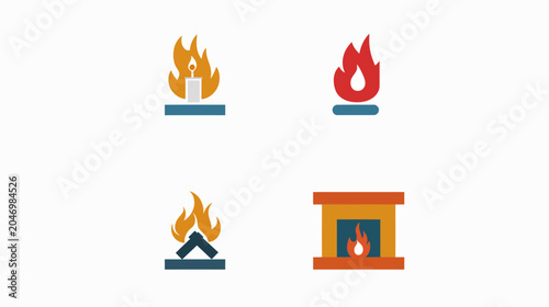 Simplified icons of fire, featuring candle flame, bonfire, torch flame, and fireplace