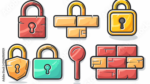 Cartoon illustration of stylized padlocks, blocks, and a key on a white background