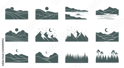 Billede på lærred Mountain Landscape Silhouette Icon Set.